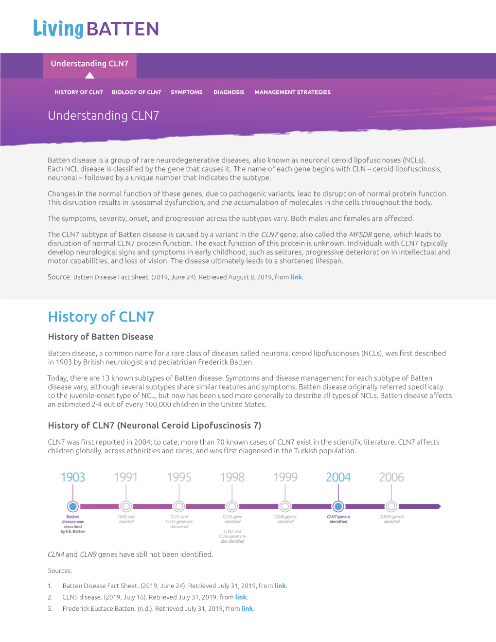 History of Cln7 Biology of Cln7 Symptoms Diagnosis Management Strategies