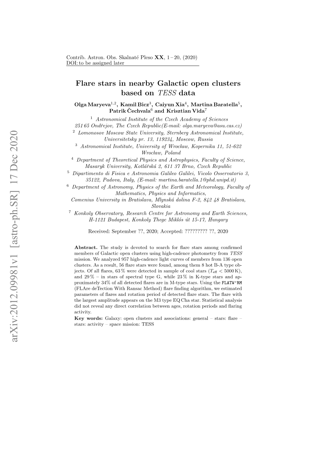 Arxiv:2012.09981V1 [Astro-Ph.SR] 17 Dec 2020 2 O