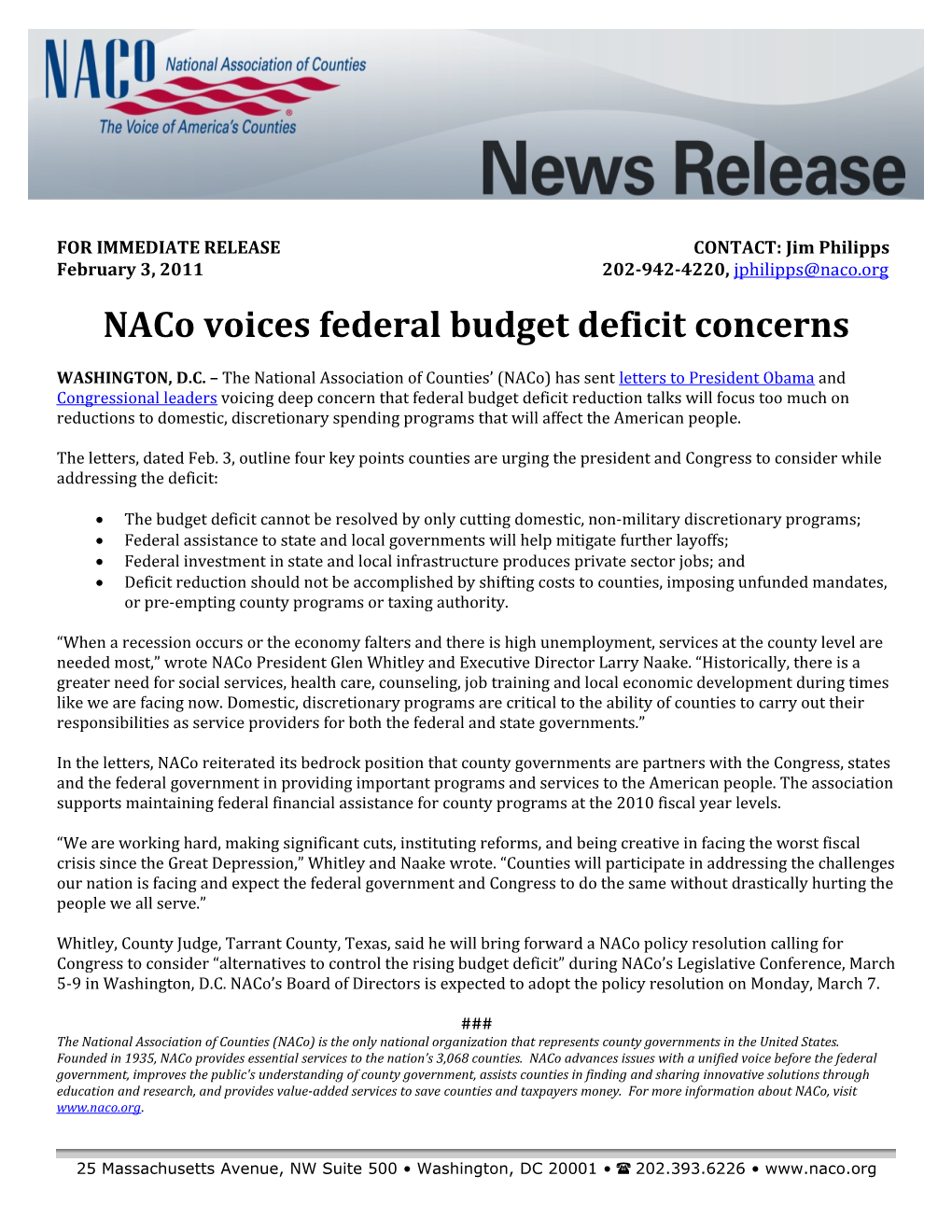 Naco Voices Federal Budget Deficit Concerns