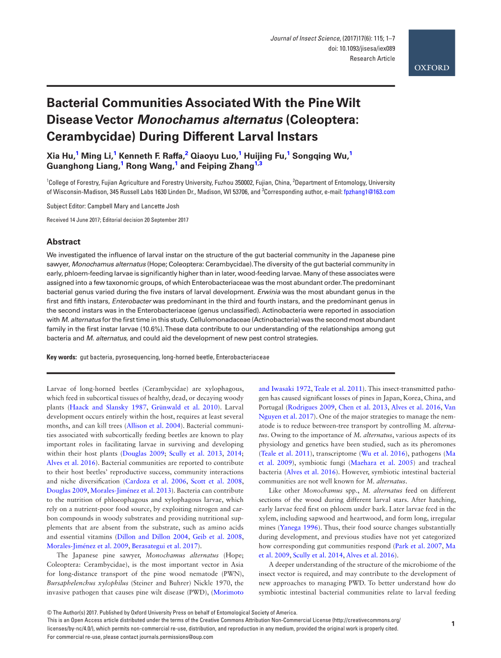 Bacterial Communities Associated with the Pine Wilt Disease Vector Monochamus Alternatus (Coleoptera: Cerambycidae) During Different Larval Instars