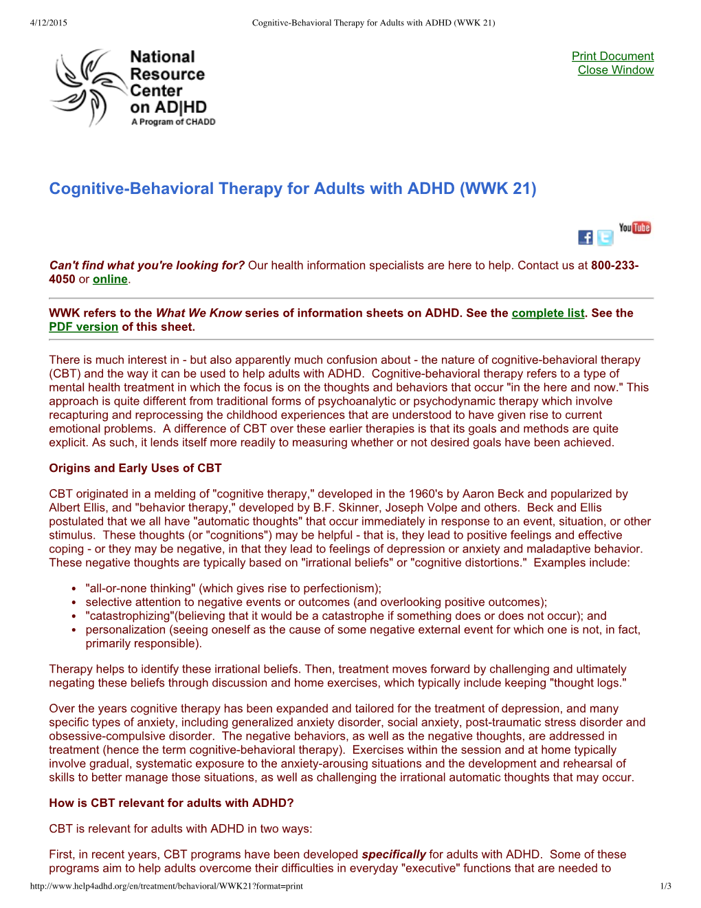 Cognitivebehavioral Therapy for Adults with ADHD (WWK