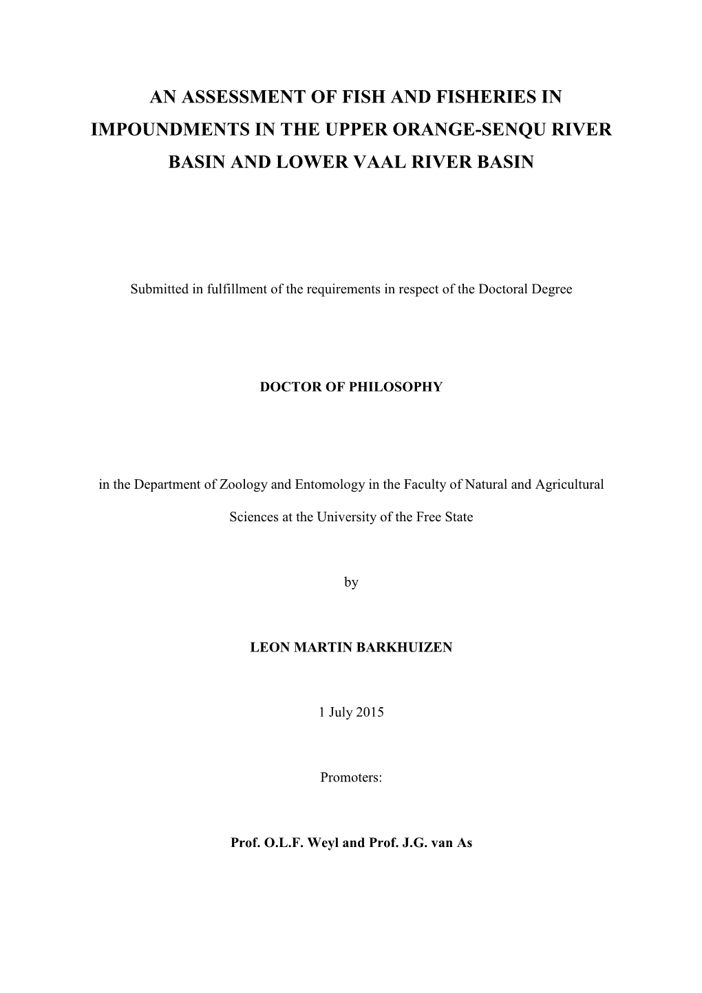 An Assessment of Fish and Fisheries in Impoundments in the Upper Orange-Senqu River Basin and Lower Vaal River Basin