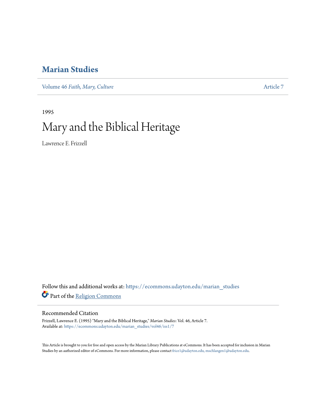 Mary and the Biblical Heritage Lawrence E