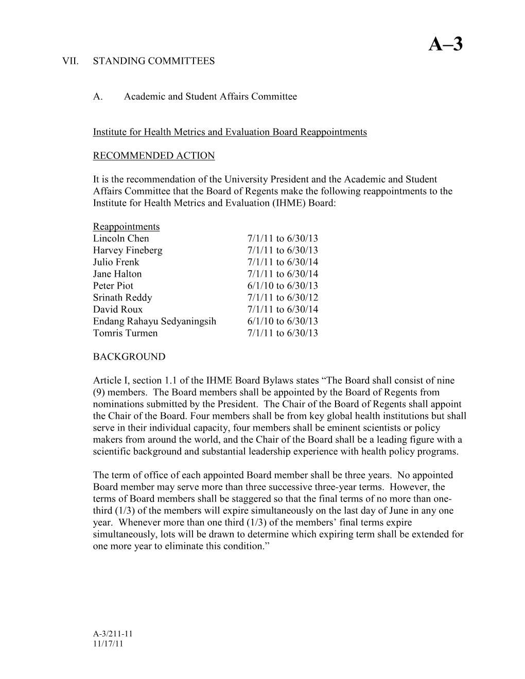 VII. STANDING COMMITTEES A. Academic and Student Affairs