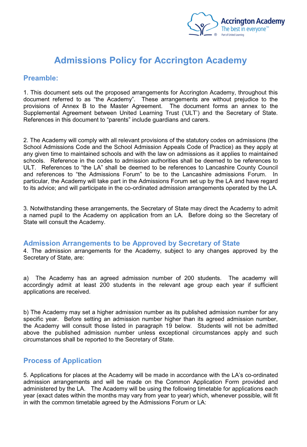 Admissions Policy for Accrington Academy