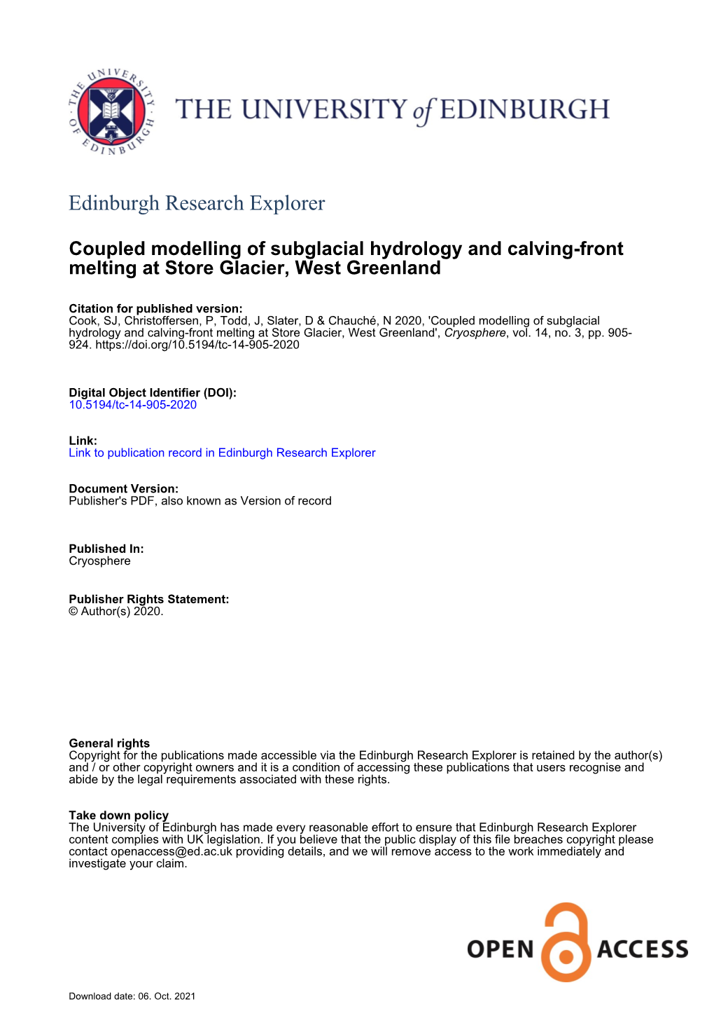 Coupled Modelling of Subglacial Hydrology and Calving-Front Melting at Store Glacier, West Greenland