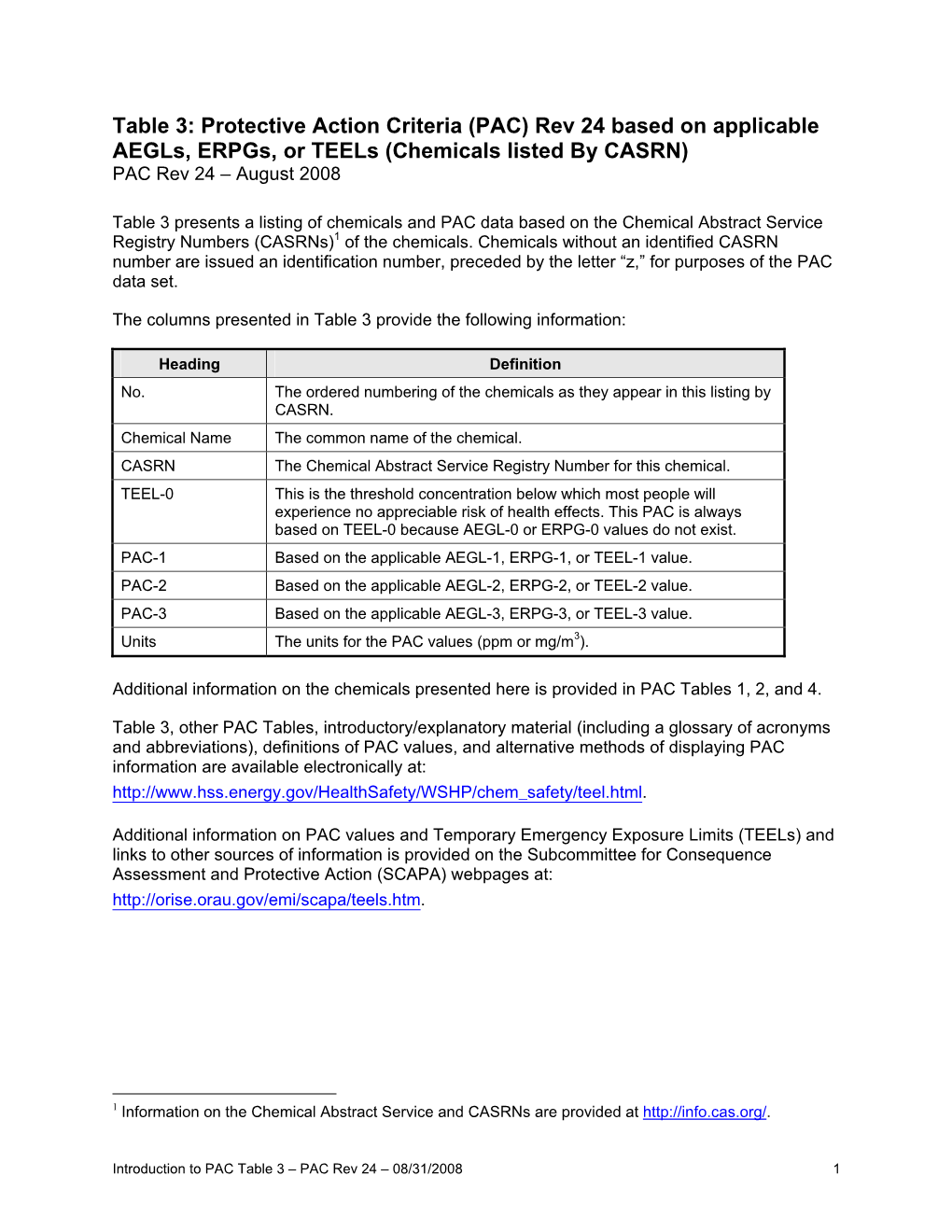 (PAC) Rev 24 Based on Applicable Aegls, Erpgs, Or Teels (Chemicals Listed by CASRN) PAC Rev 24 – August 2008