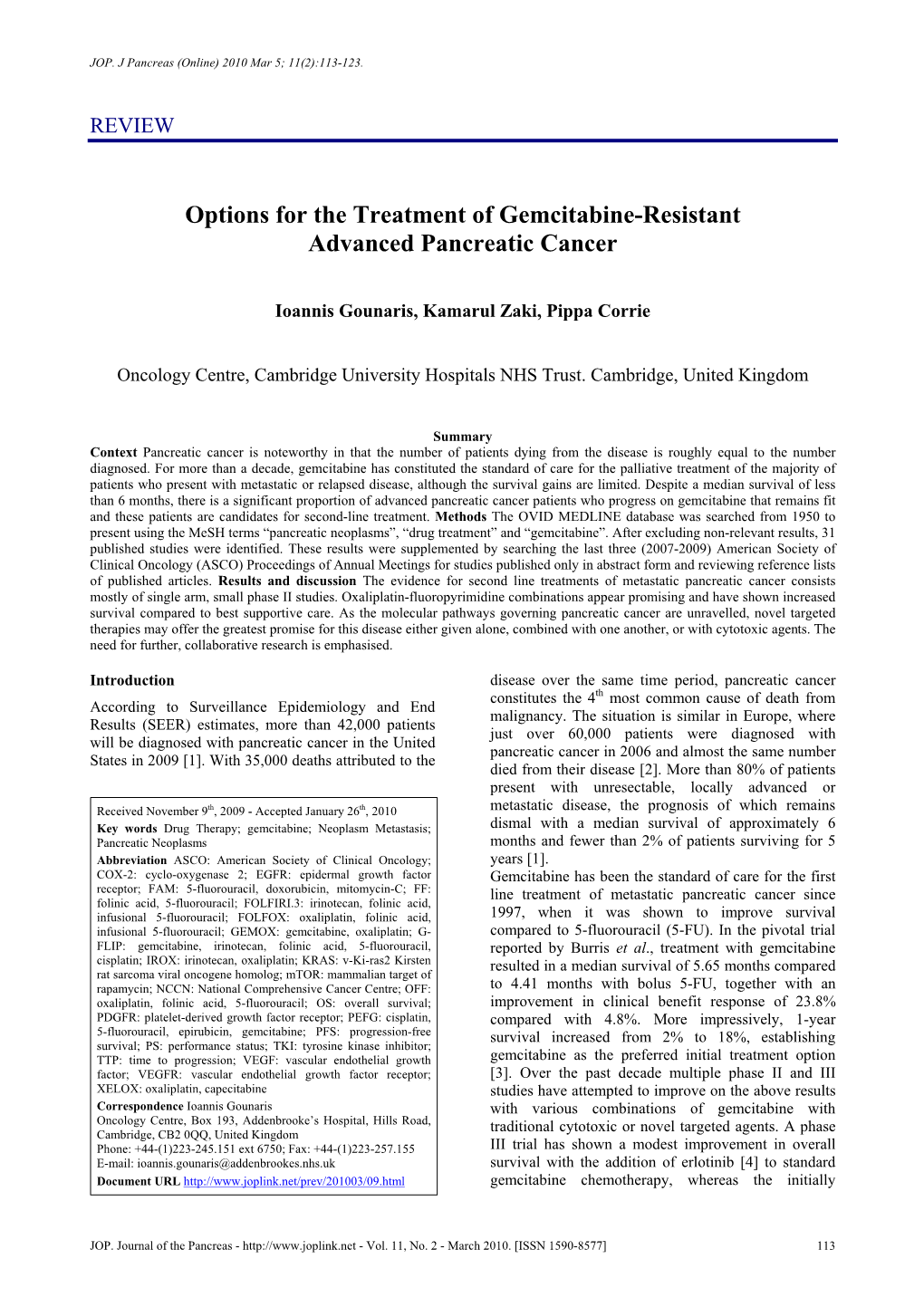 Options for the Treatment of Gemcitabine-Resistant Advanced Pancreatic Cancer