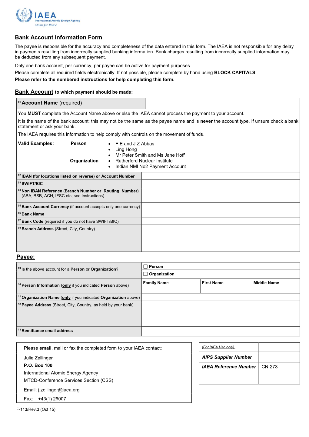 Bank Account Information Form Payee