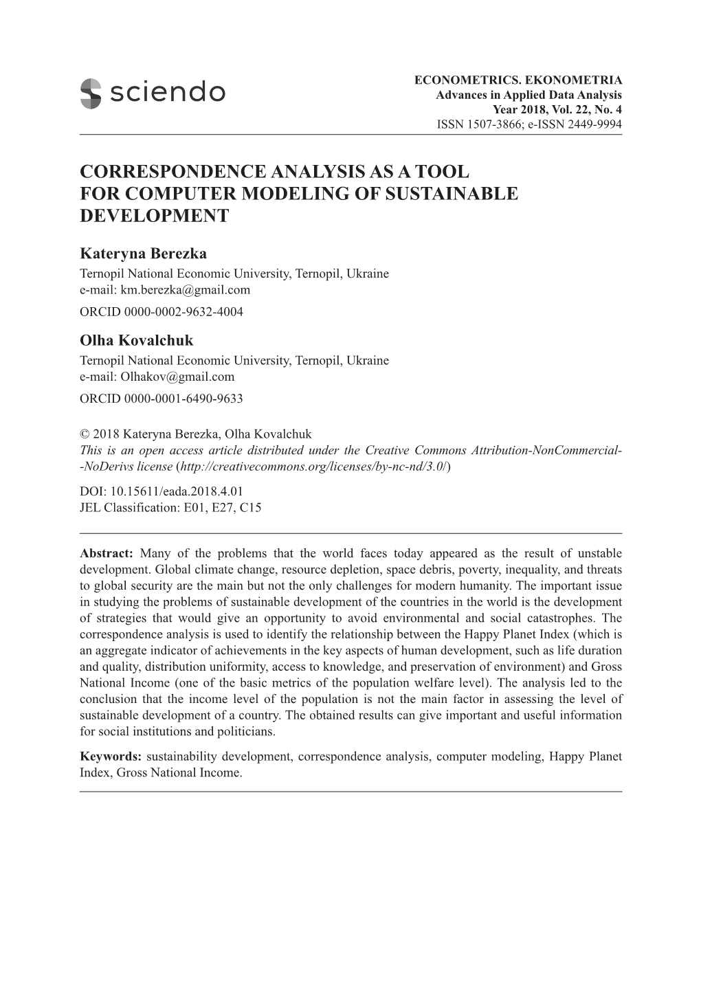 Сorrespondence Analysis As a Tool for Computer Modeling of Sustainable Development