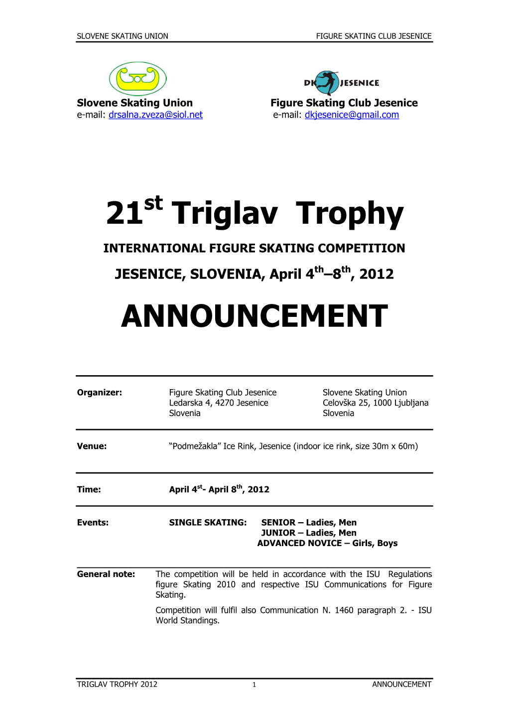 21 Triglav Trophy ANNOUNCEMENT