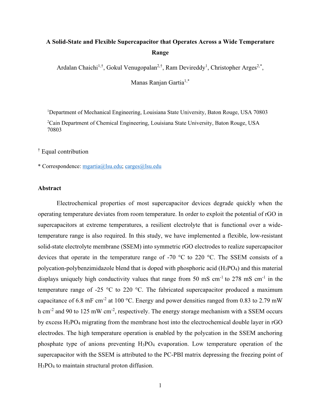 A Solid-State and Flexible Supercapacitor That Operates Across a Wide Temperature Range