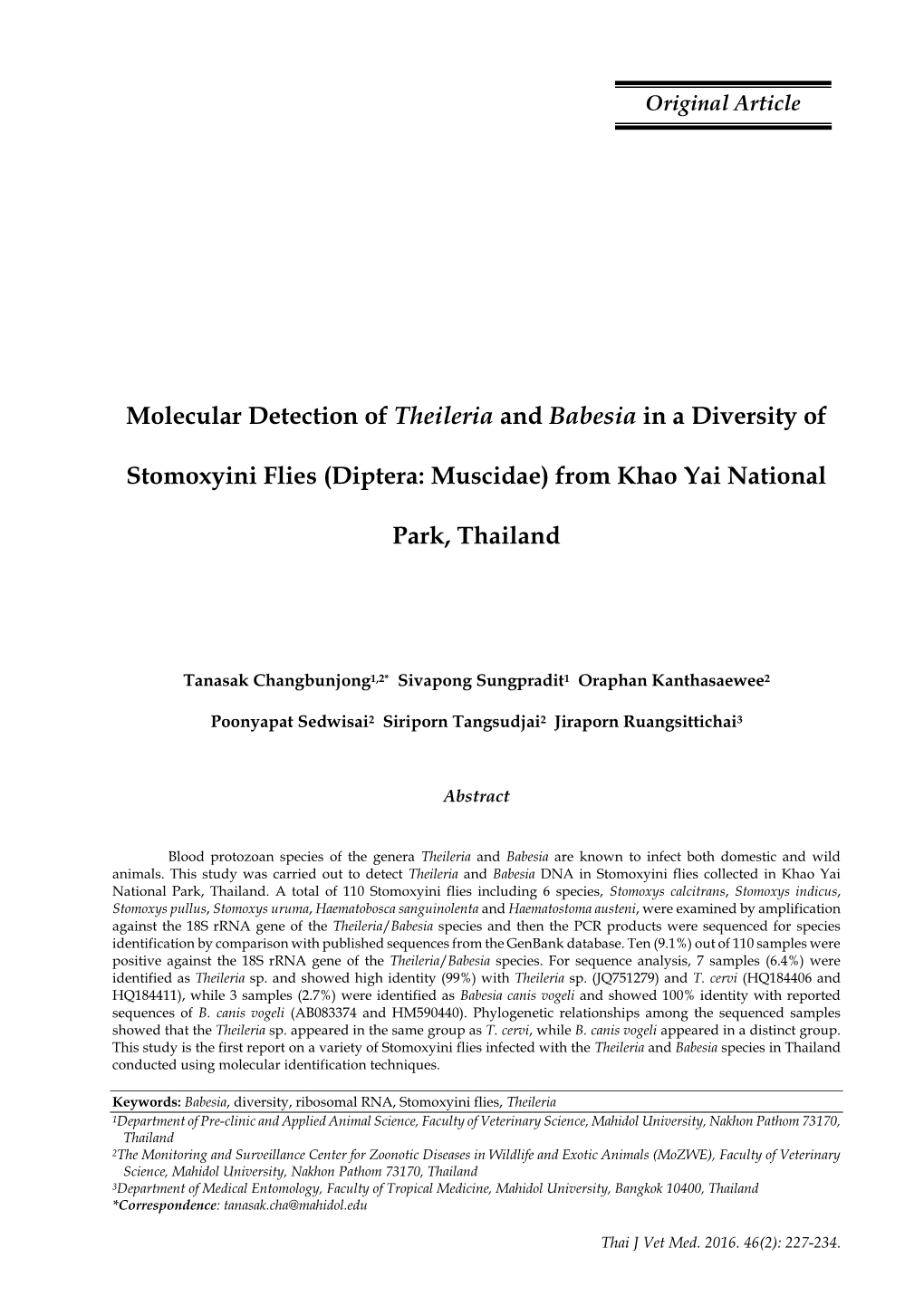 Molecular Detection of Theileria and Babesia in a Diversity of Stomoxyini