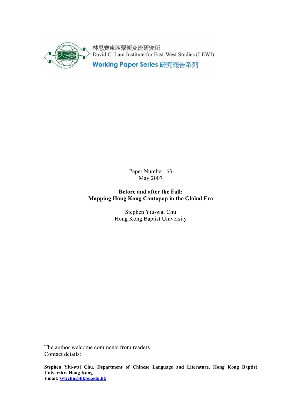 Paper Number: 63 May 2007 Before and After the Fall: Mapping Hong