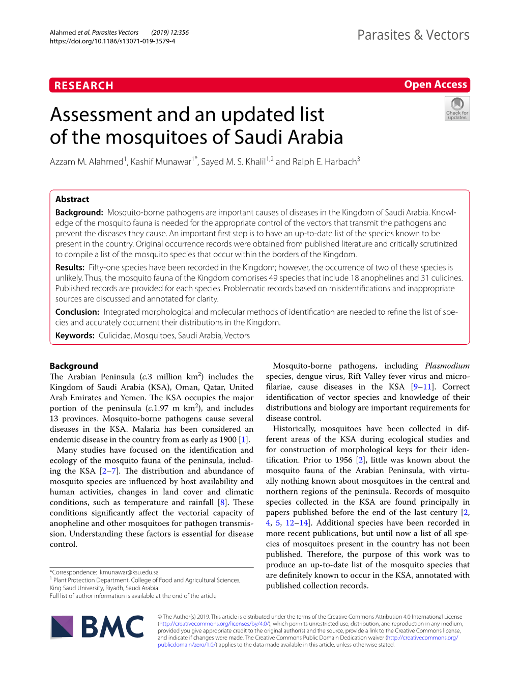 Assessment and an Updated List of the Mosquitoes of Saudi Arabia Azzam M