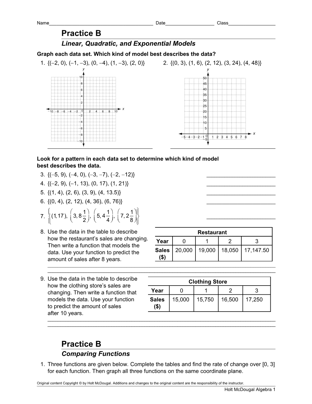 Linear, Quadratic, and Exponential Models