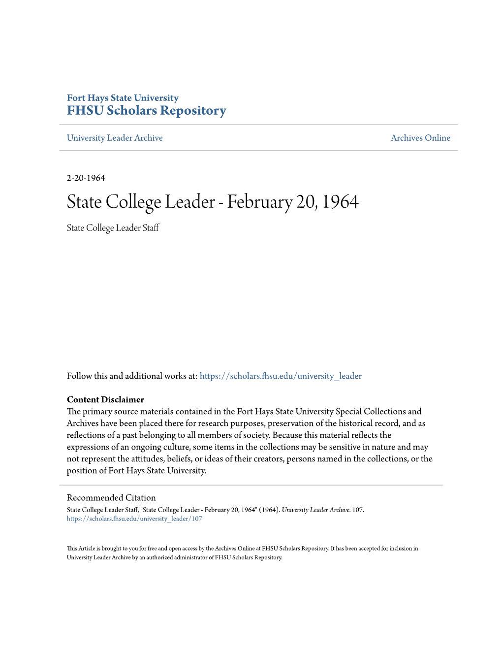 State College Leader - February 20, 1964 State College Leader Staff