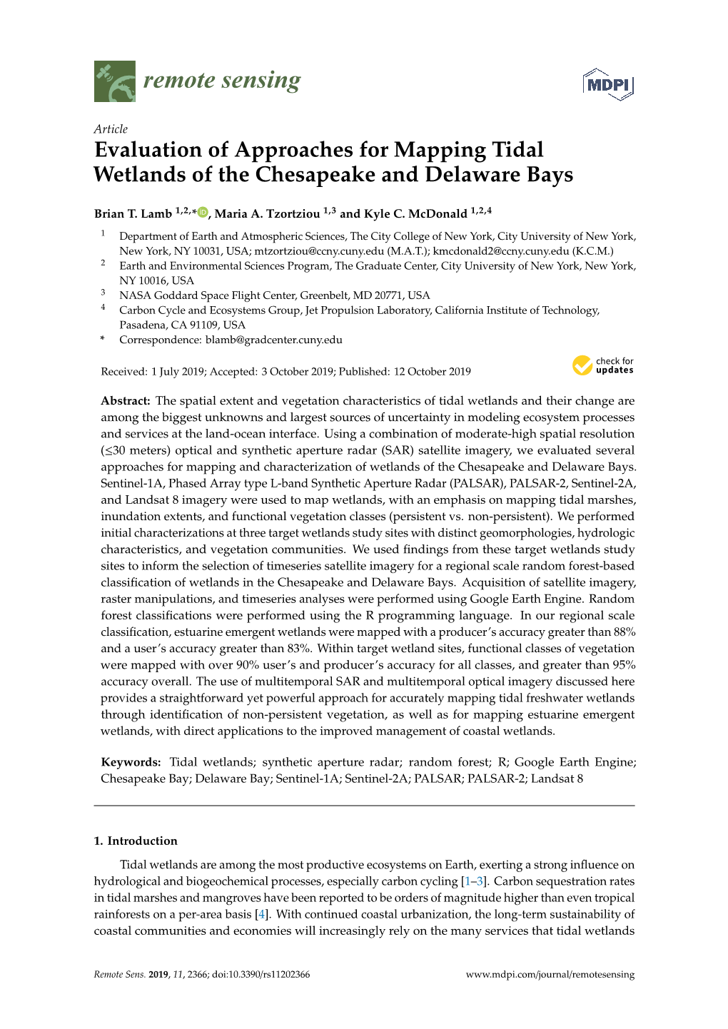 Evaluation of Approaches for Mapping Tidal Wetlands of the Chesapeake and Delaware Bays