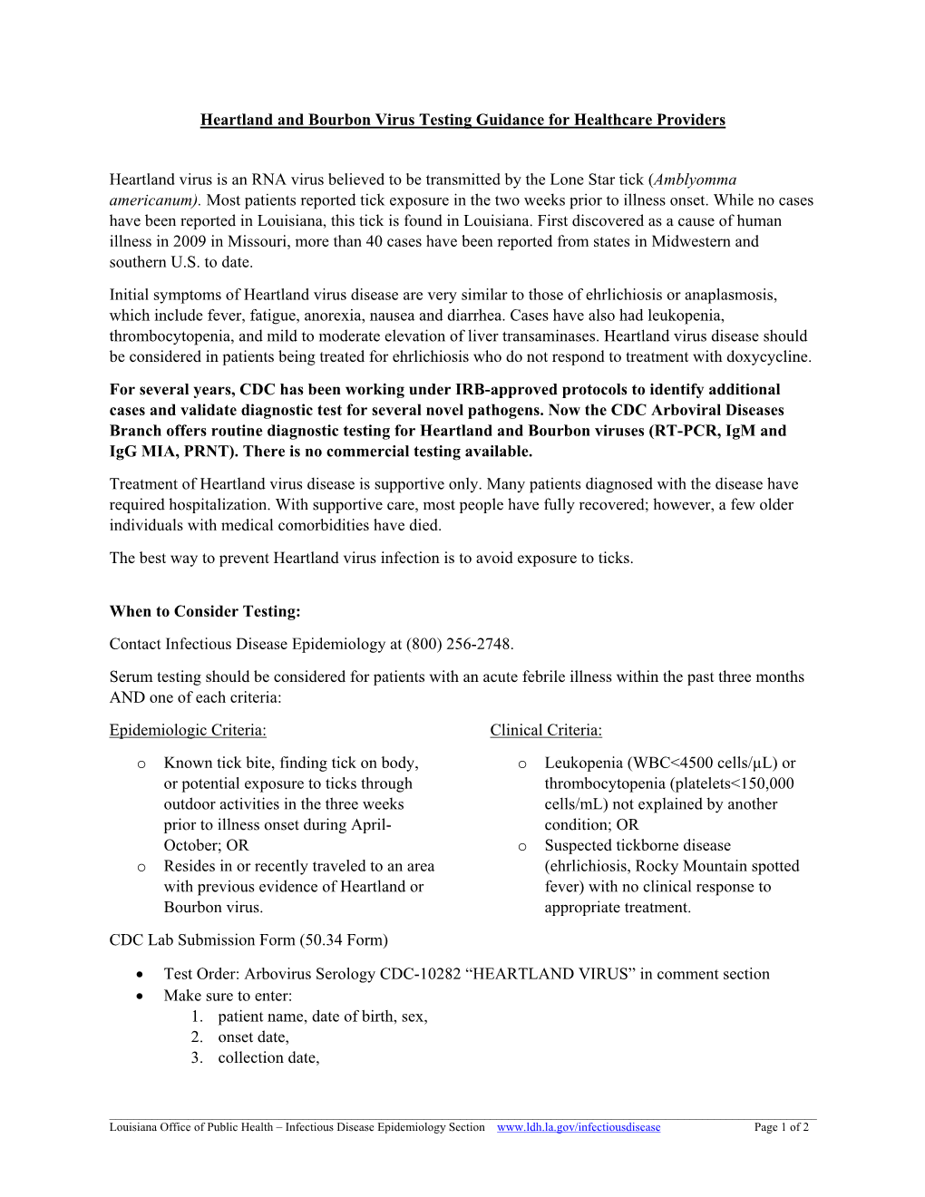 Heartland and Bourbon Virus Testing Guideance for Healthcare Providers