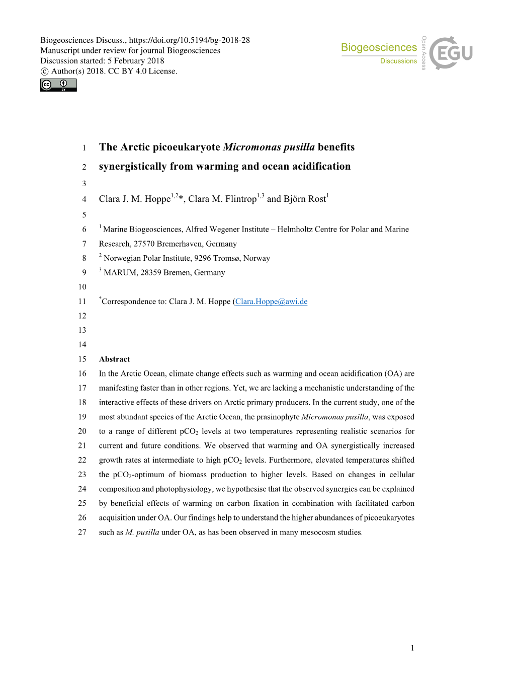 The Arctic Picoeukaryote Micromonas Pusilla Benefits