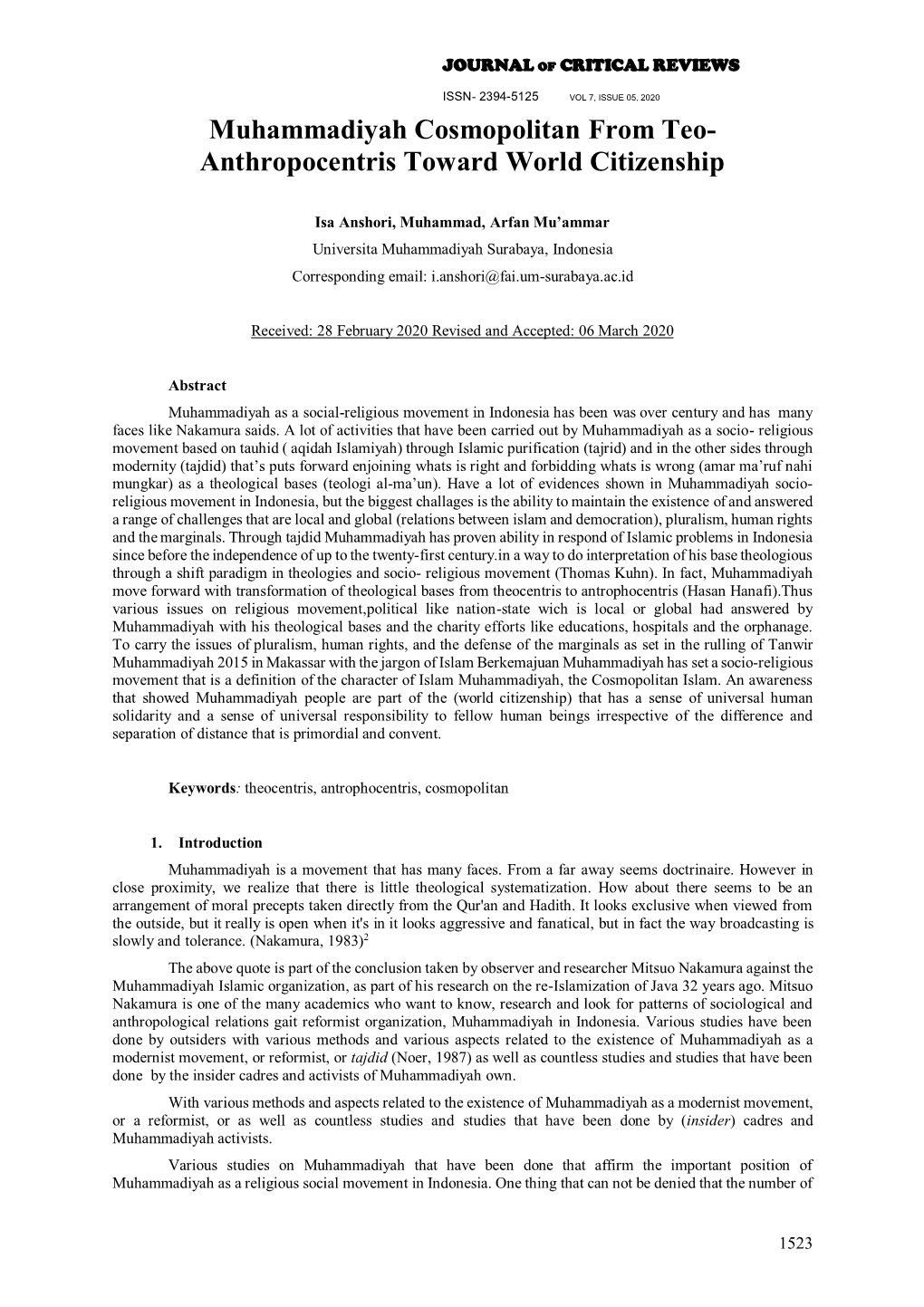 Muhammadiyah Cosmopolitan from Teo- Anthropocentris Toward World Citizenship