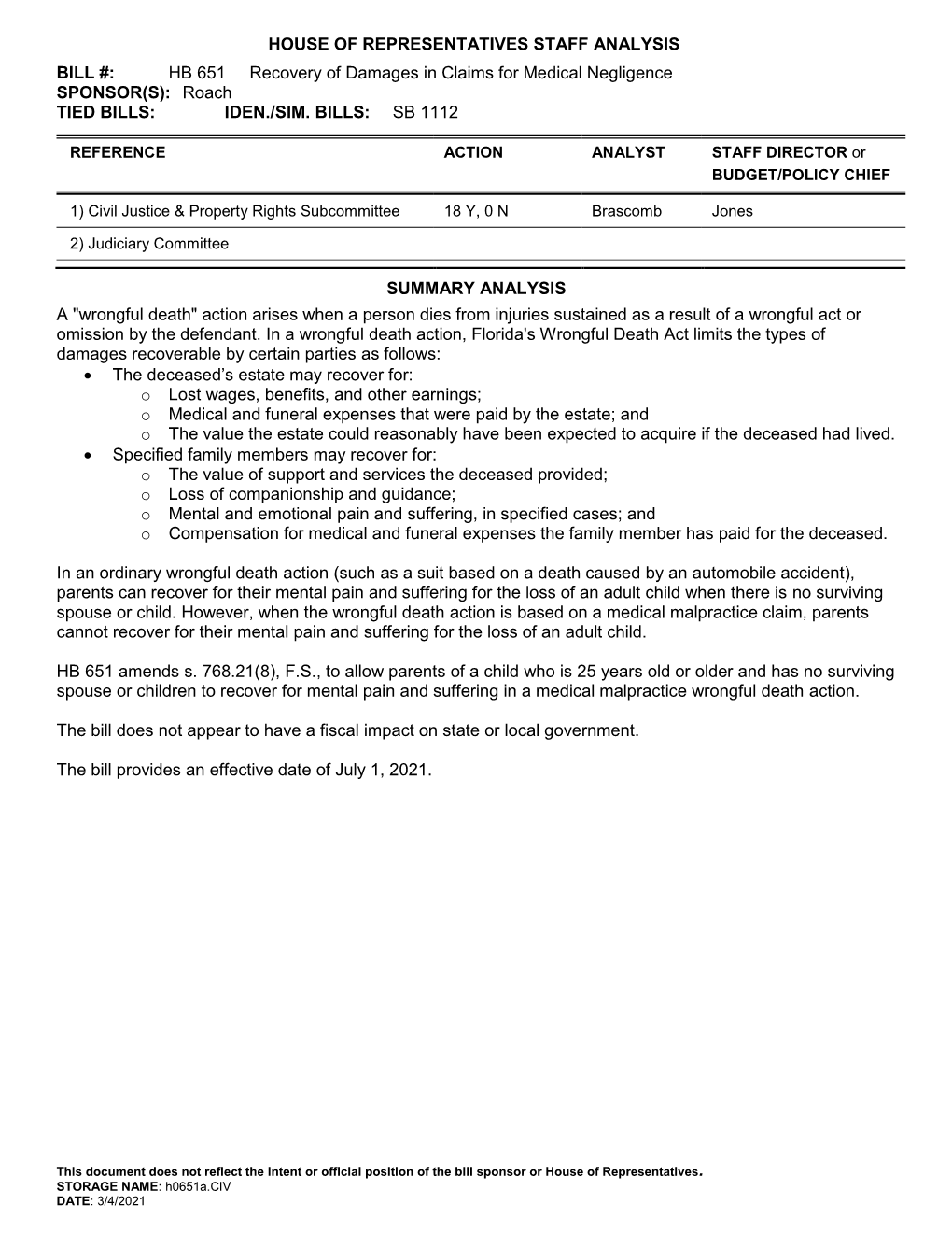 HB 651 Recovery of Damages in Claims for Medical Negligence SPONSOR(S): Roach TIED BILLS: IDEN./SIM