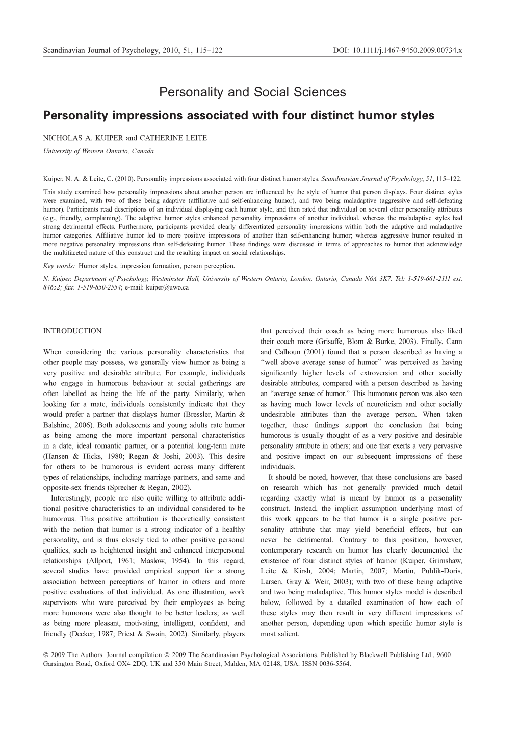 Personality and Social Sciences Personality Impressions Associated with Four Distinct Humor Styles