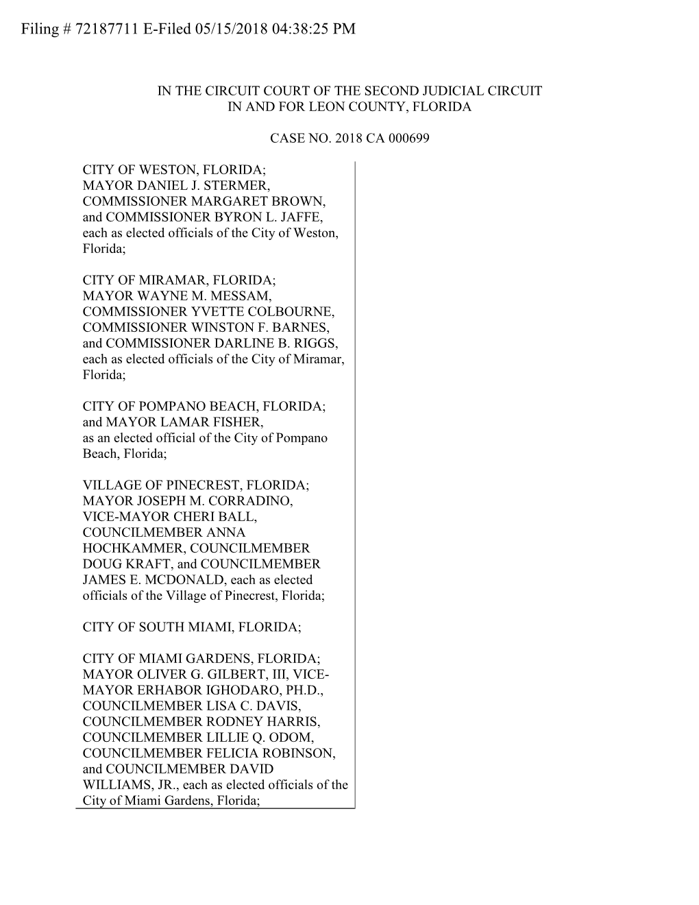 Filing # 72187711 E-Filed 05/15/2018 04:38:25 PM