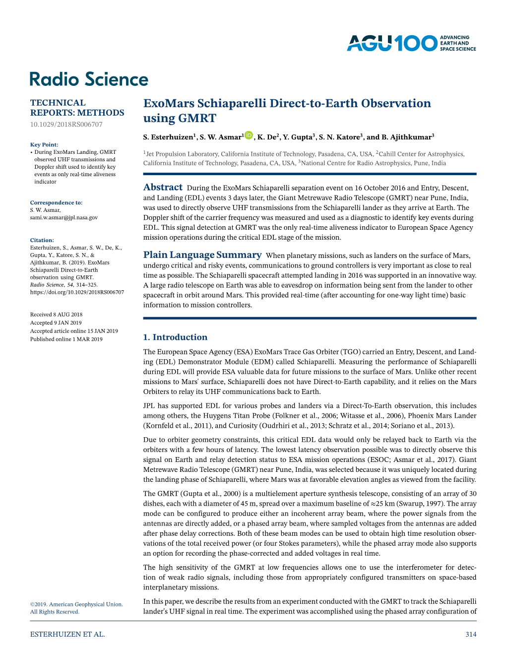 Exomars Schiaparelli Direct-To-Earth Observation Using GMRT