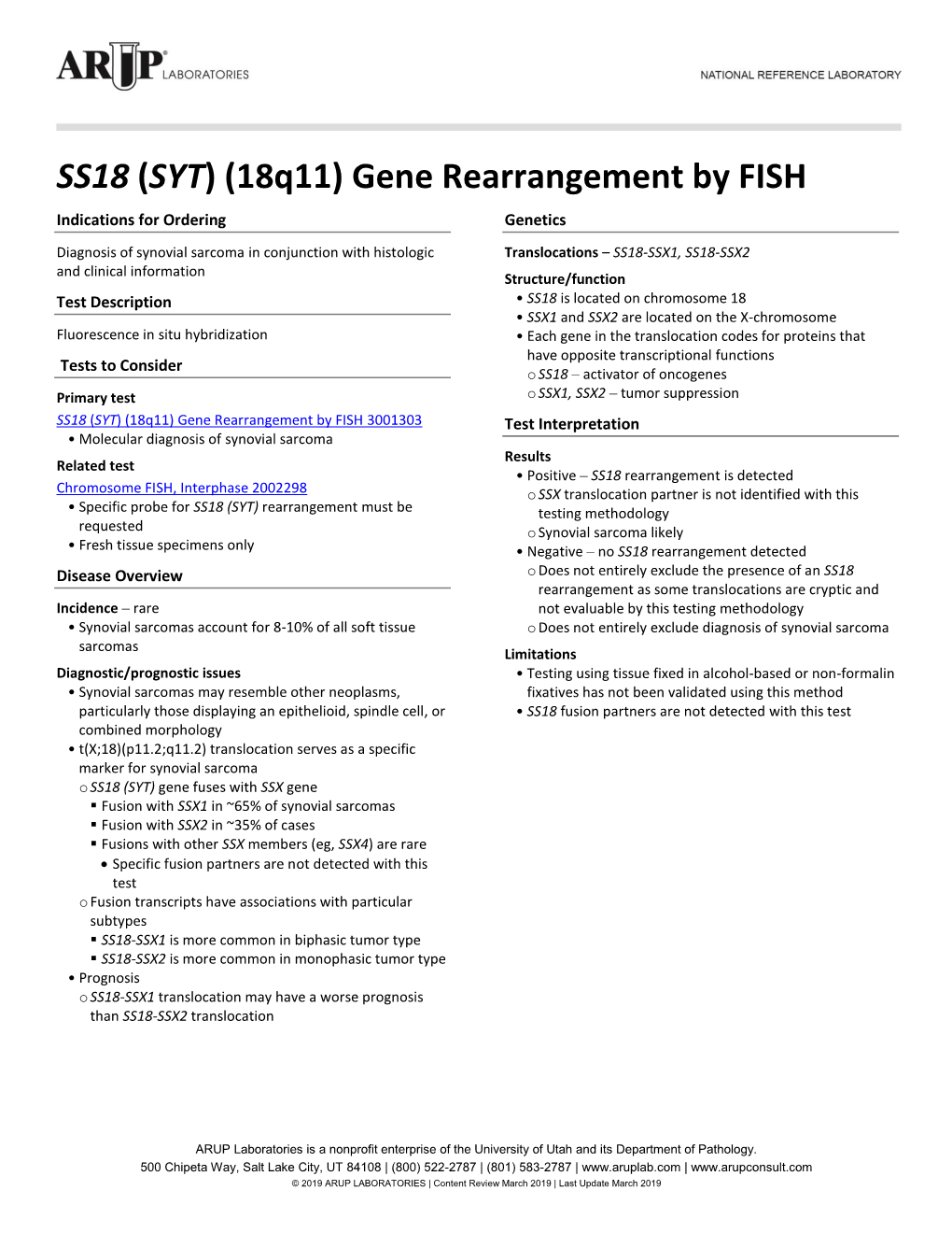 SS18 (SYT) (18Q11) Gene Rearrangement by FISH Indications for Ordering Genetics