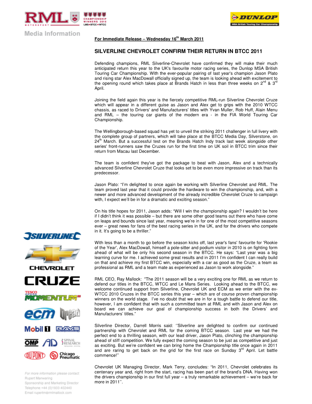 Silverline Chevrolet Confirm Their Return in Btcc 2011