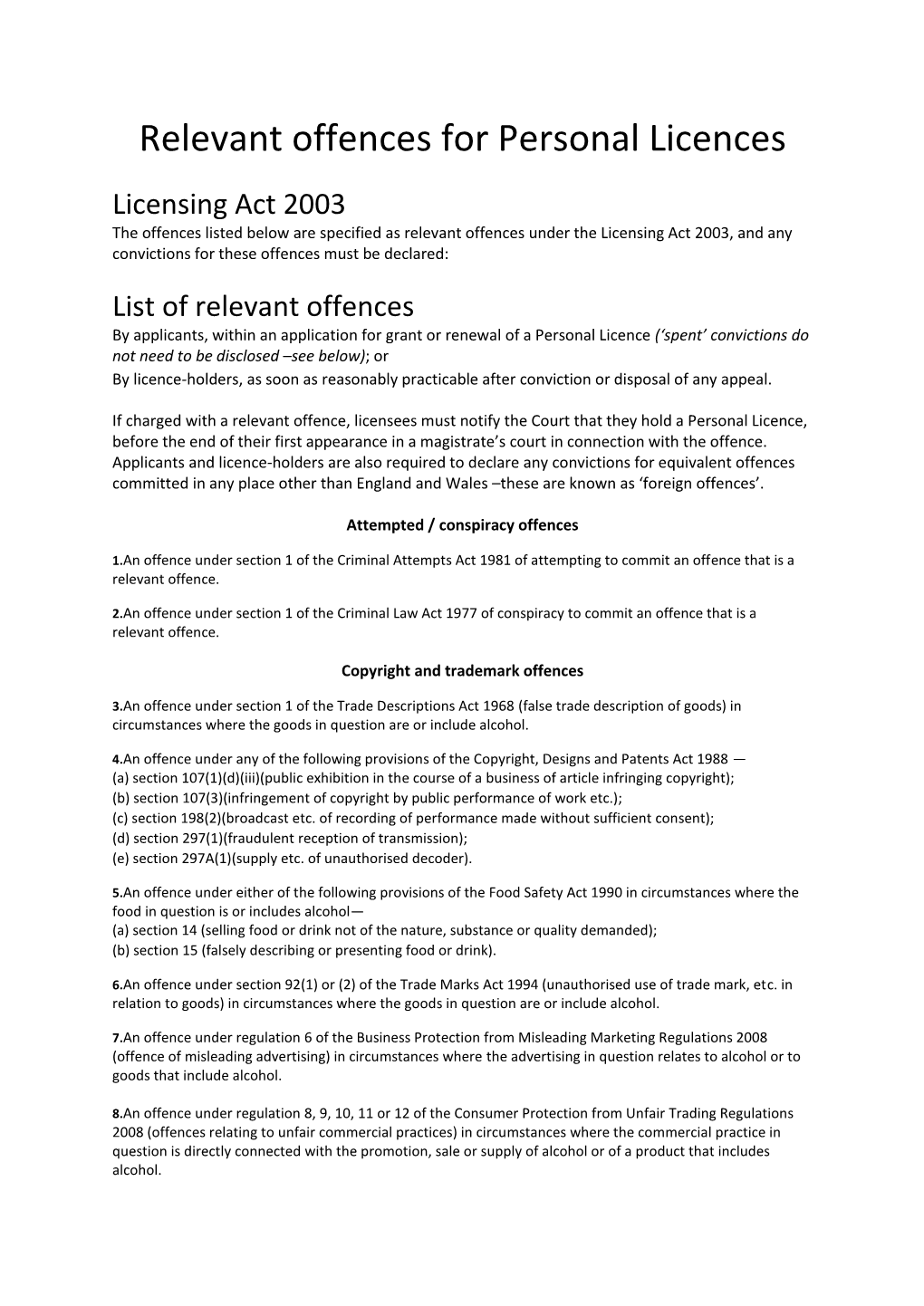 Relevant Offences for Personal Licences