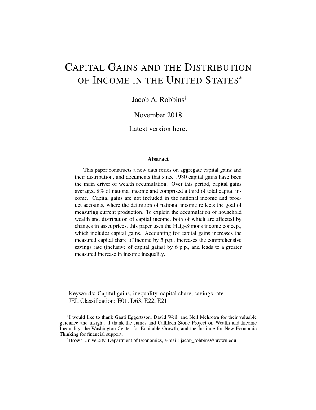 Capital Gains and the Distribution of Income In
