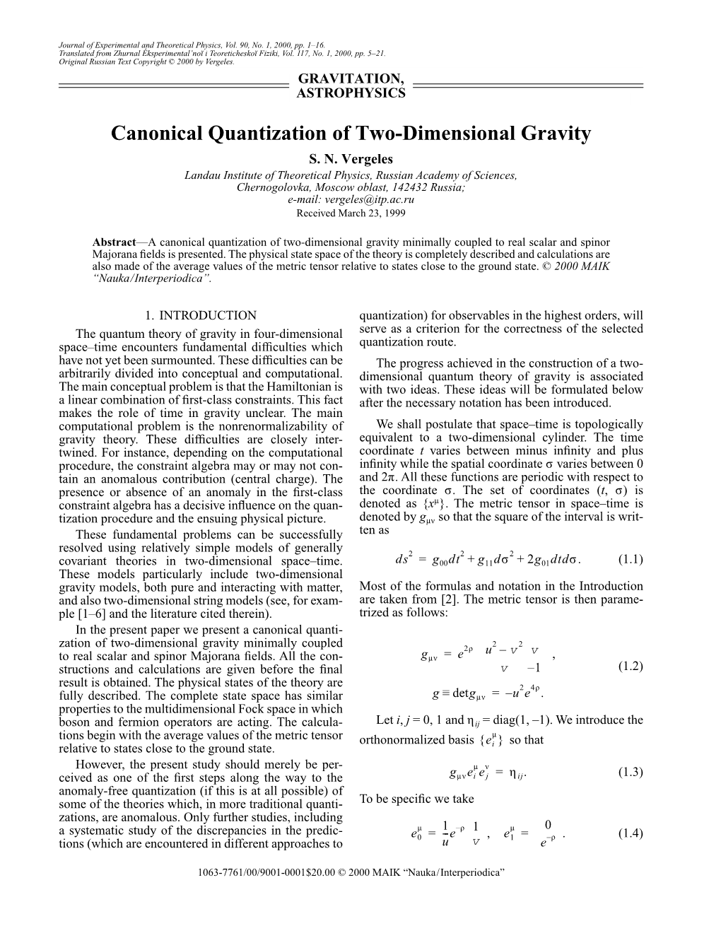 Canonical Quantization of Two-Dimensional Gravity S