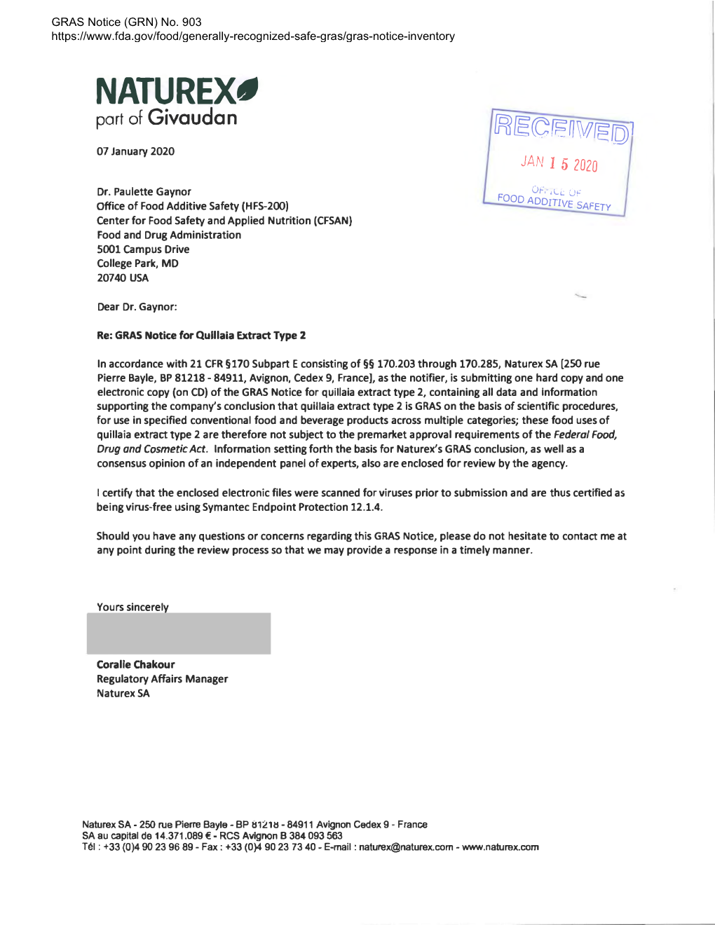 GRAS Notice (GRN) No. 903, Quillaia Extract Type 2