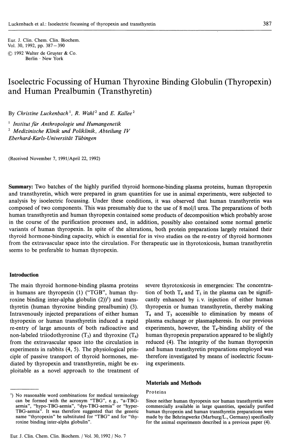 Isoelectric Focussing of Human Thyroxine Binding Globulin (Thyropexin) and Human Prealbumin (Transthyretin)