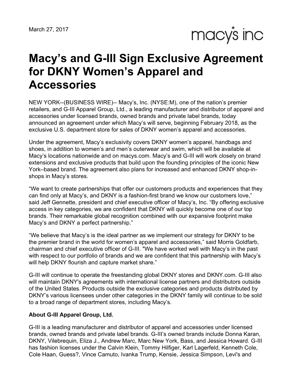 Macy's and G-III Sign Exclusive Agreement for DKNY Women's