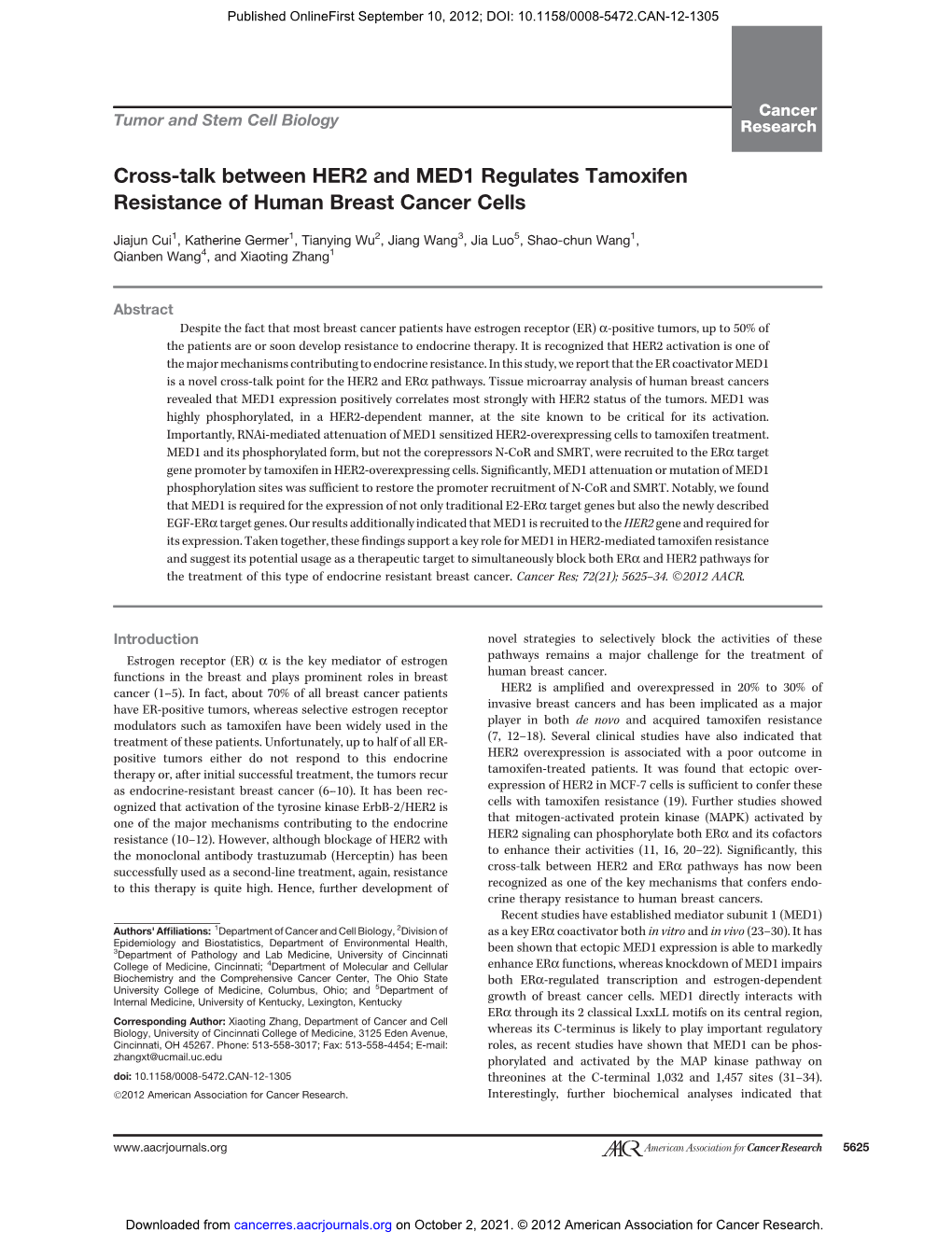 Cross-Talk Between HER2 and MED1 Regulates Tamoxifen Resistance of Human Breast Cancer Cells