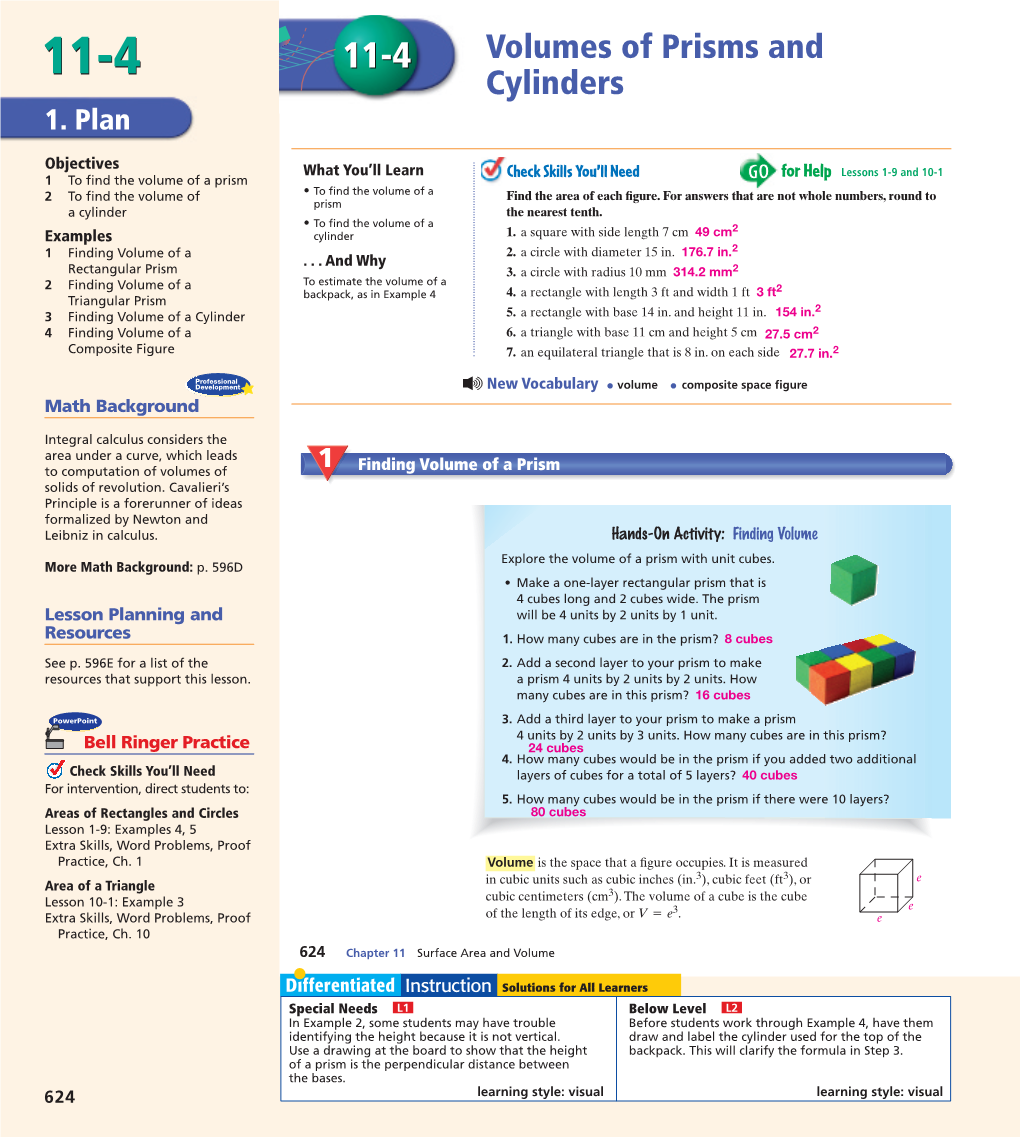 Volumes of Prisms and Cylinders 625