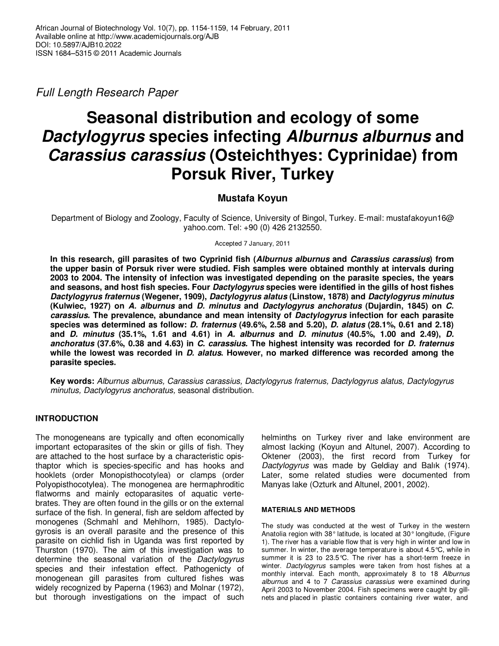 Seasonal Distribution and Ecology of Some Dactylogyrus Species