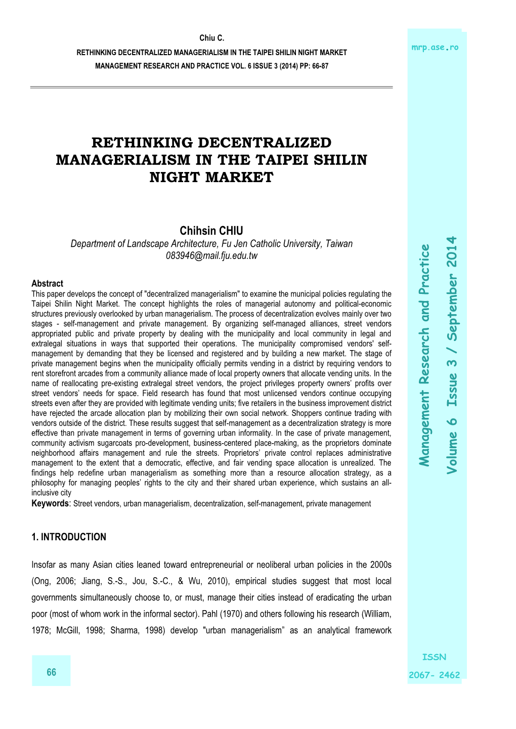 Rethinking Decentralized Managerialism in the Taipei Shilin Night Market Management Research and Practice Vol