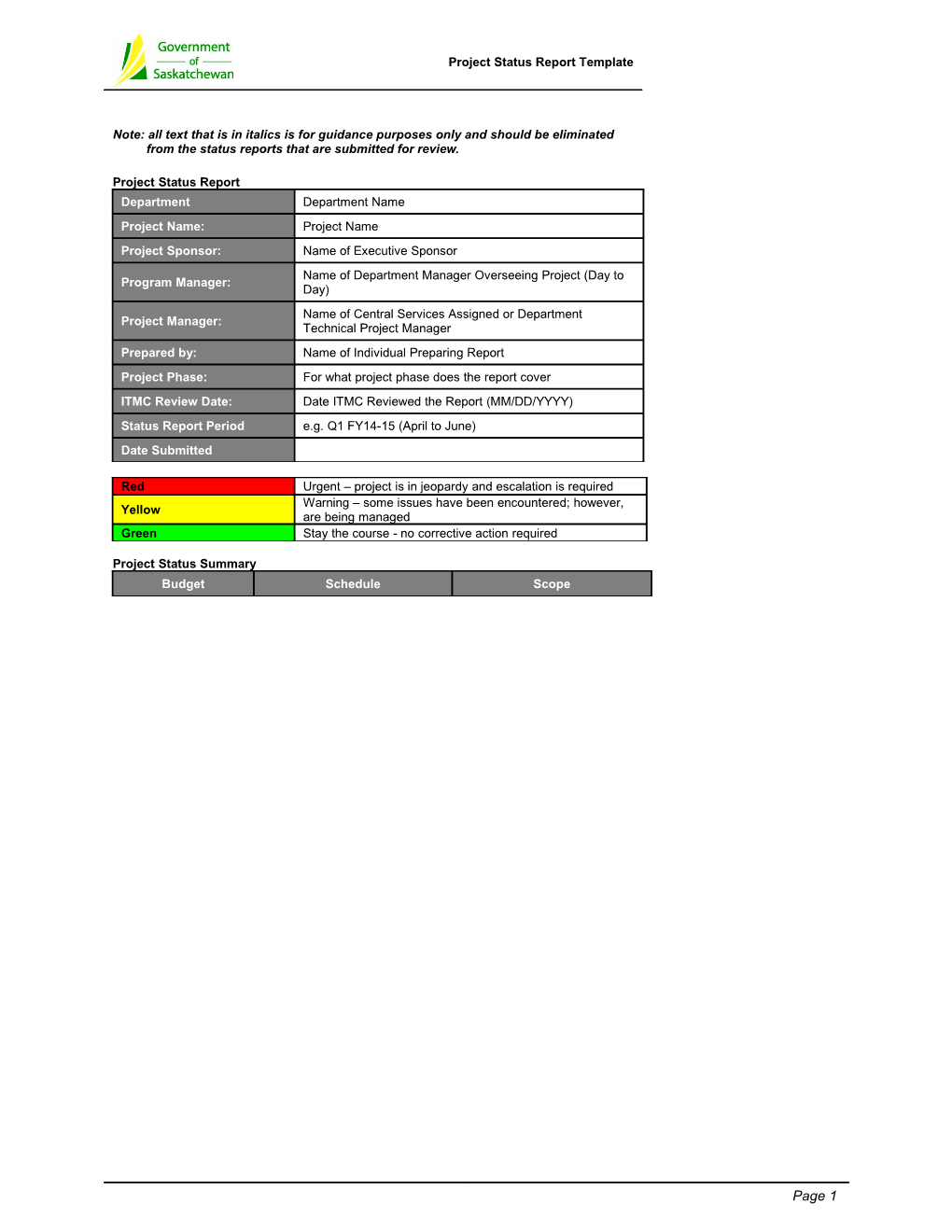 Project Monthly Status Report Template