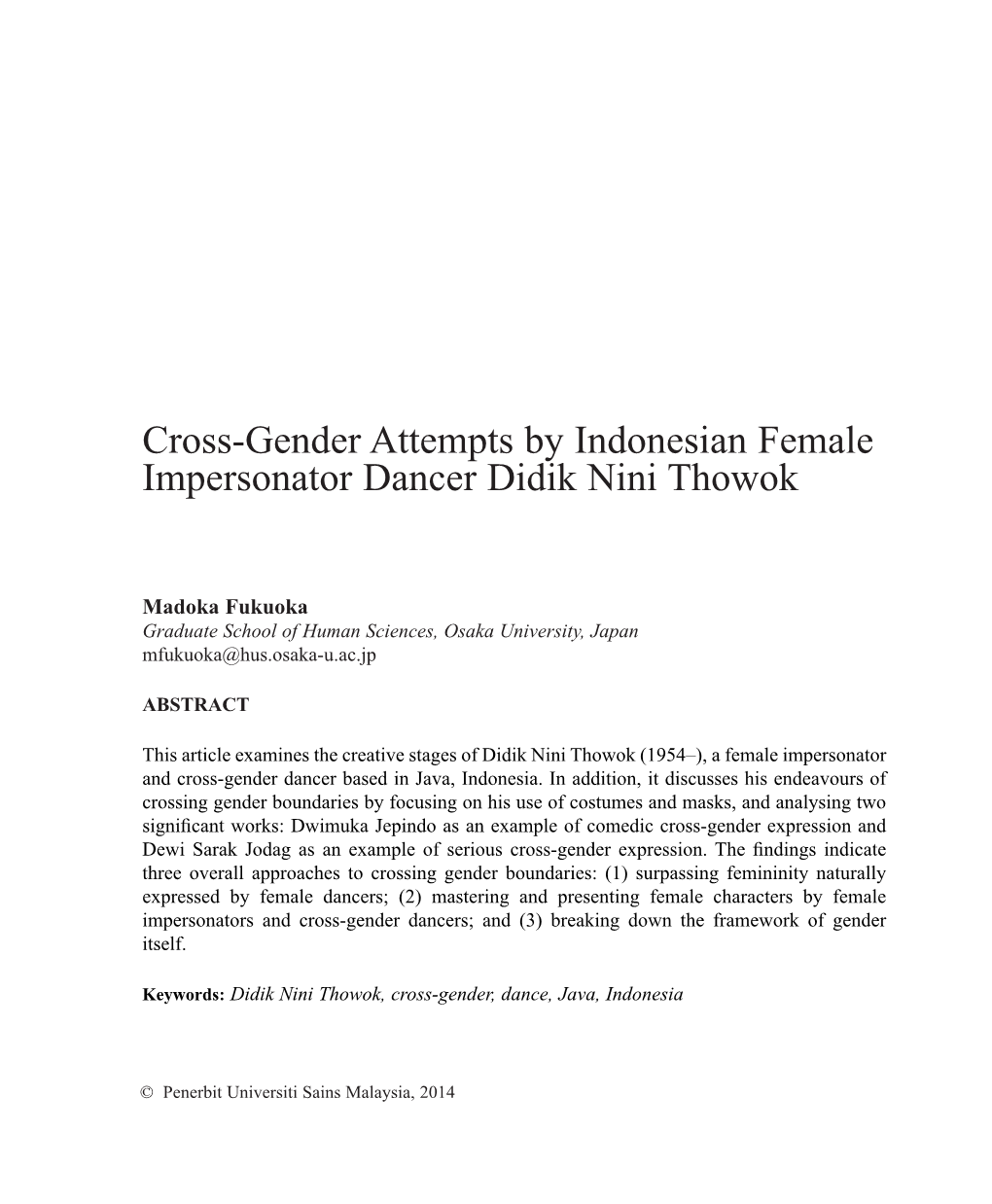 Cross-Gender Attempts by Indonesian Female Impersonator Dancer Didik Nini Thowok