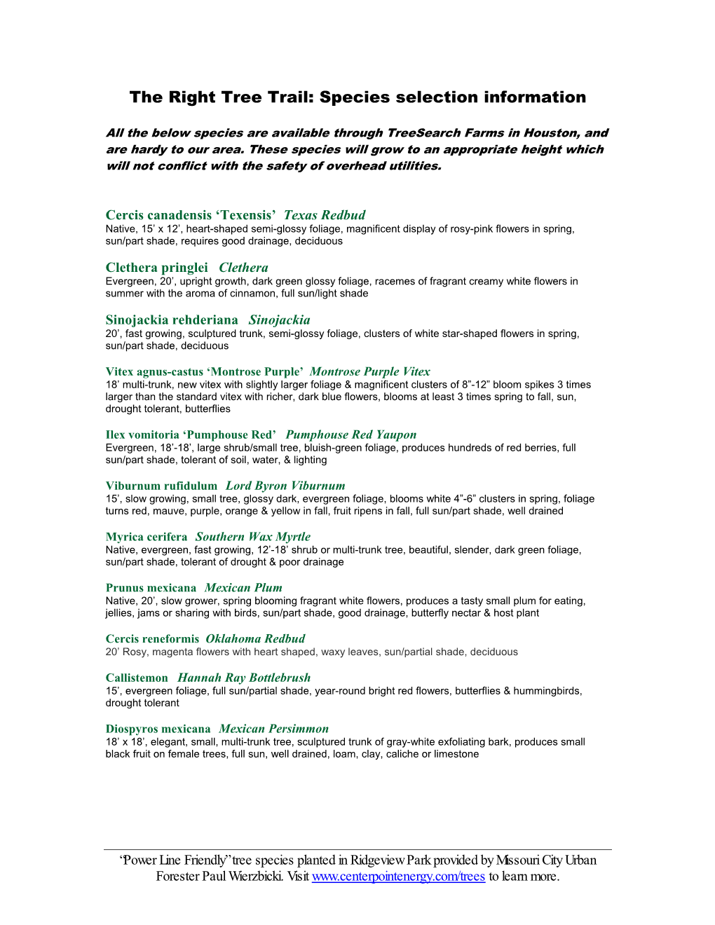 The Right Tree Trail: Species Selection Information