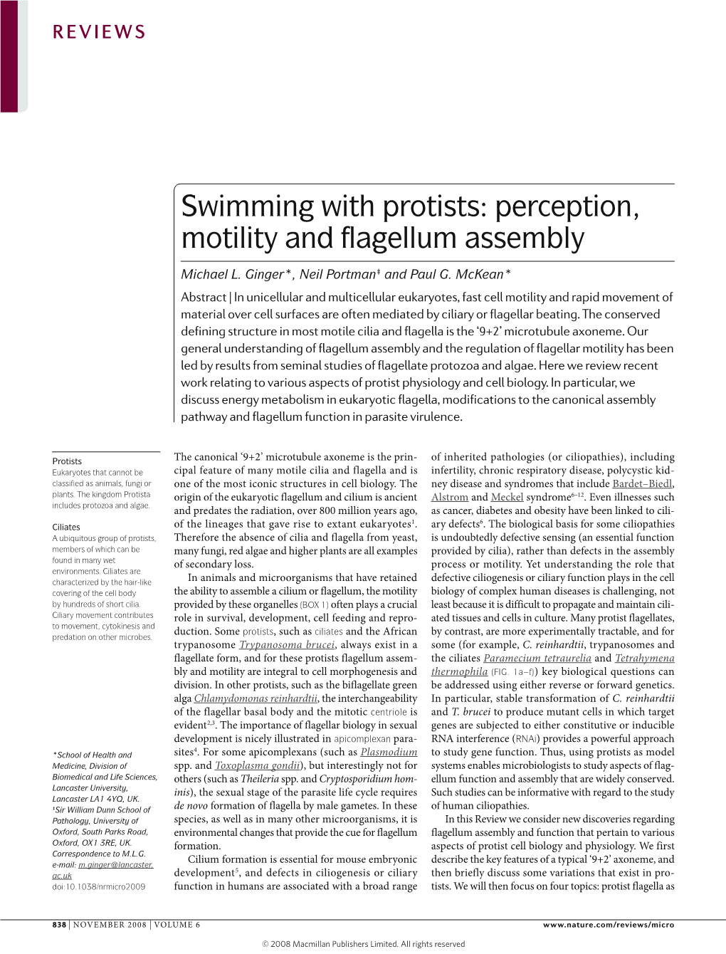 Swimming with Protists: Perception, Motility and Flagellum Assembly