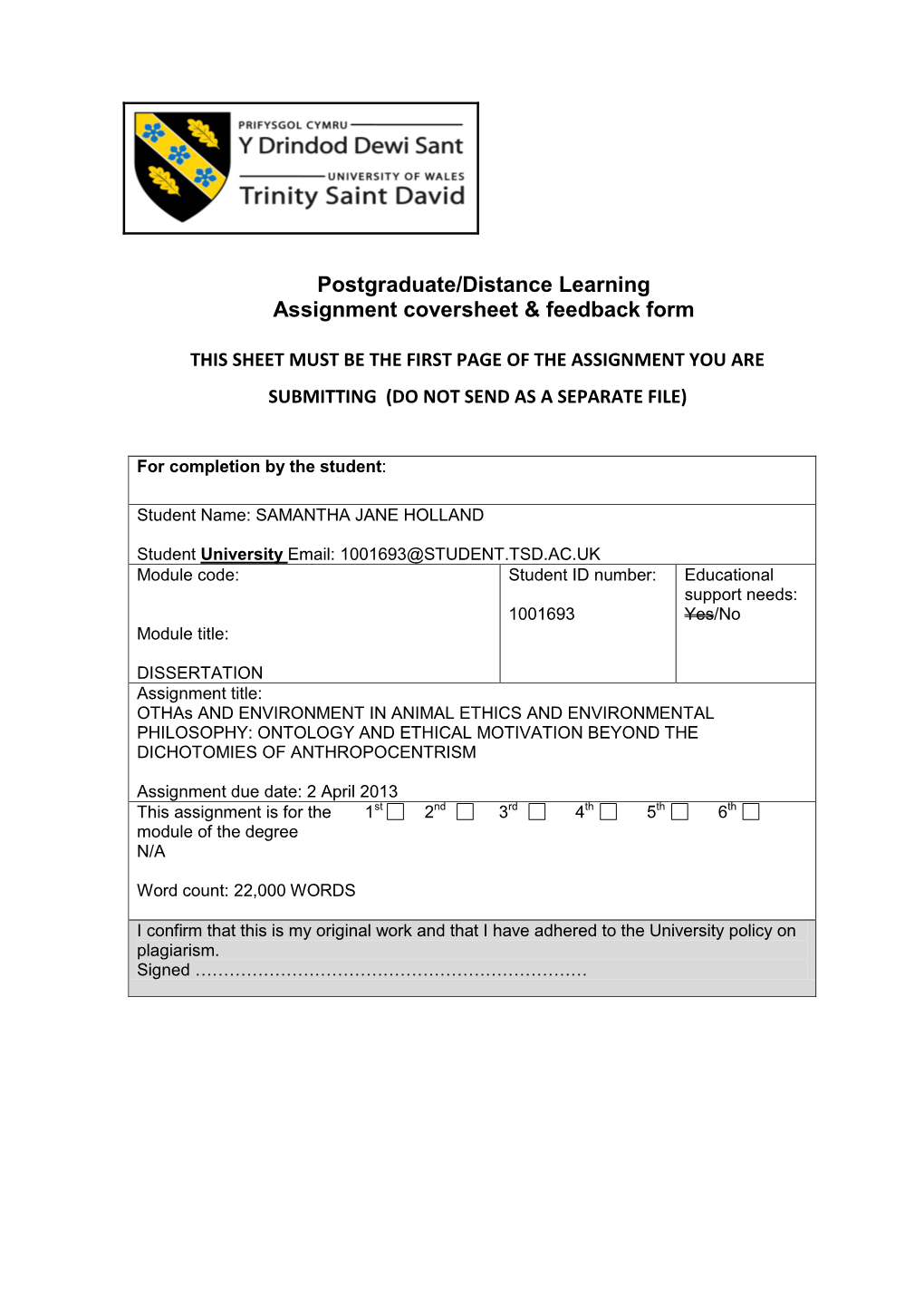 Postgraduate/Distance Learning Assignment Coversheet & Feedback Form