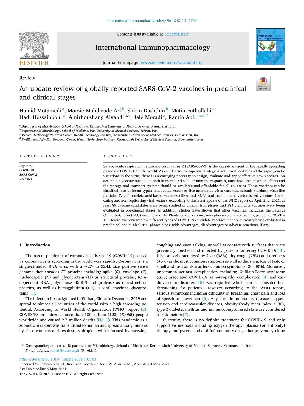 An Update Review of Globally Reported SARS-Cov-2 Vaccines in Preclinical and Clinical Stages