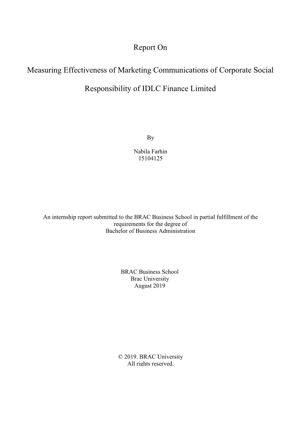 Report on Measuring Effectiveness of Marketing Communications Of