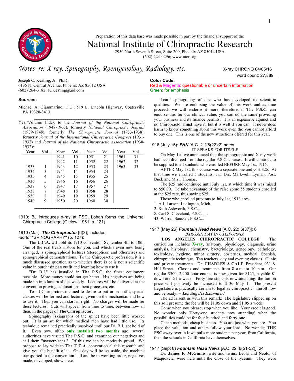 Notes Re: X-Ray, Spinography, Roentgenology, Radiology, Etc