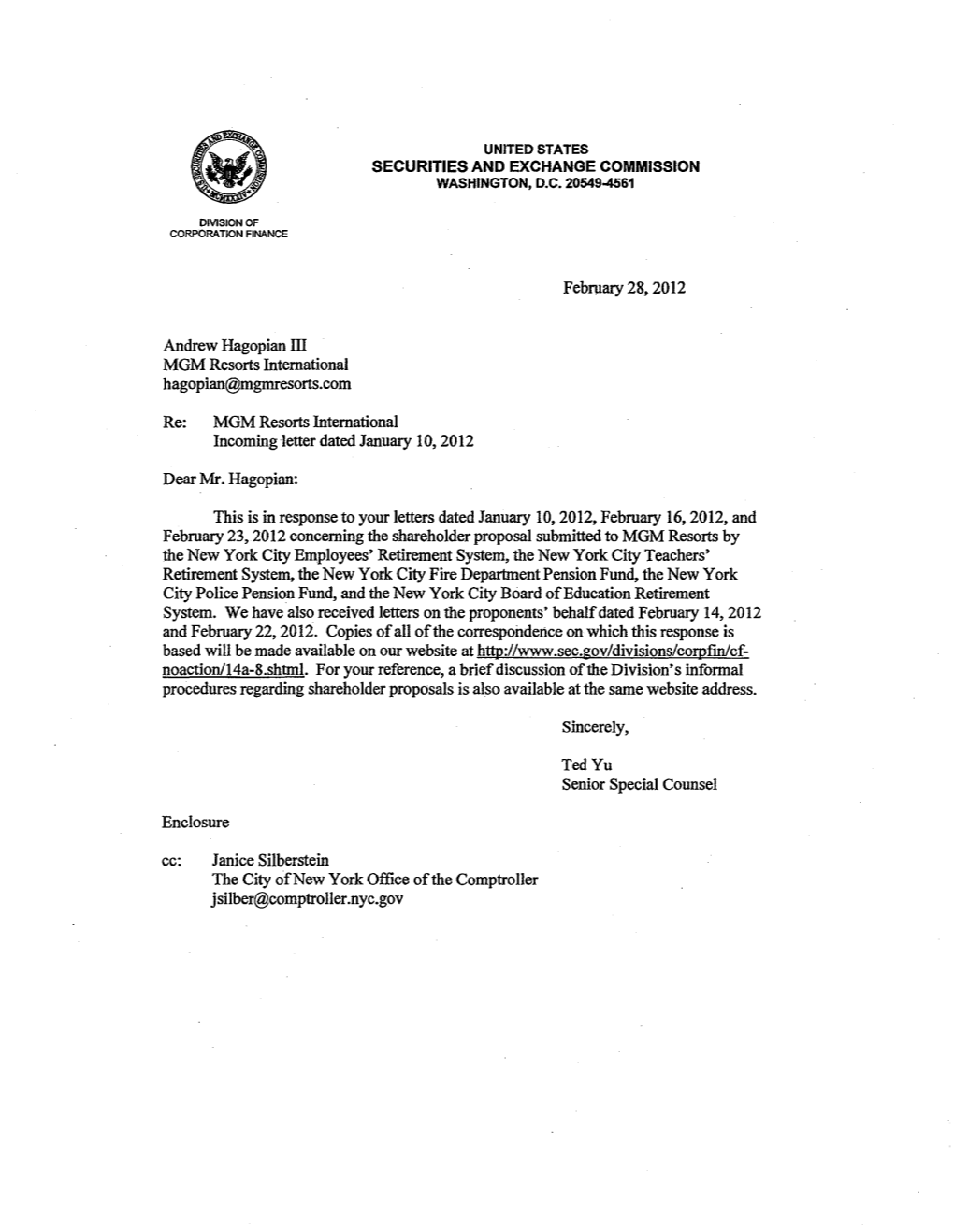 MGM Resorts International: Rule 14A-8 No-Action Letter